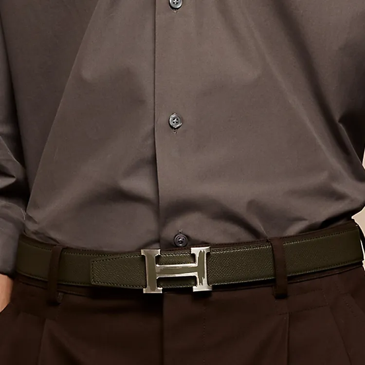 HERMES Letter H Label Leather Belts Men's Dark Blue Width  3.2cm-2