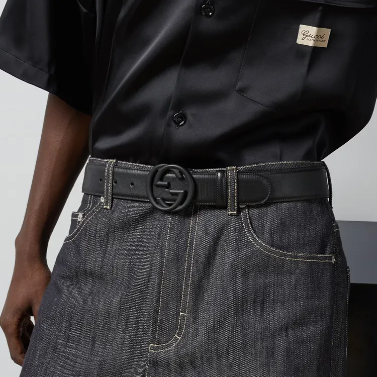 GUCCI Interlocking Buckle Double G Leather Belts Men's Black Width 4CM-2