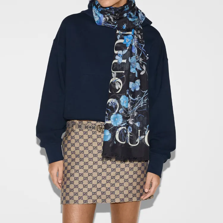 GUCCI Cotton Cashmere Silk Scarves Women's Blue-2