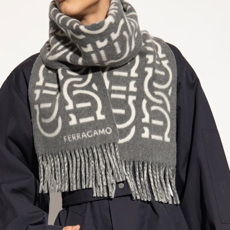 Ferragamo Gancini Jacquard Fringed Edge Scarf-1