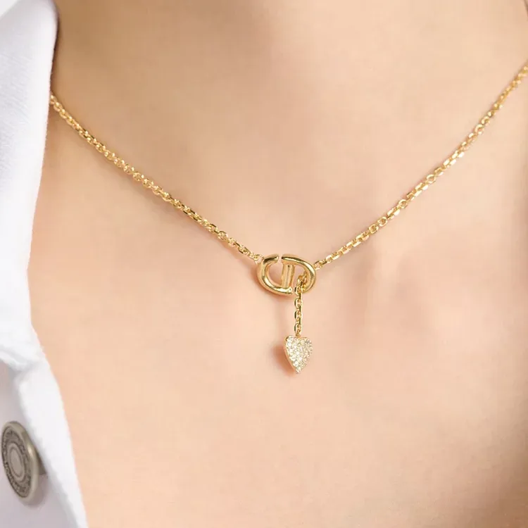DIOR Faux Crystal Necklaces Women's Gold-2