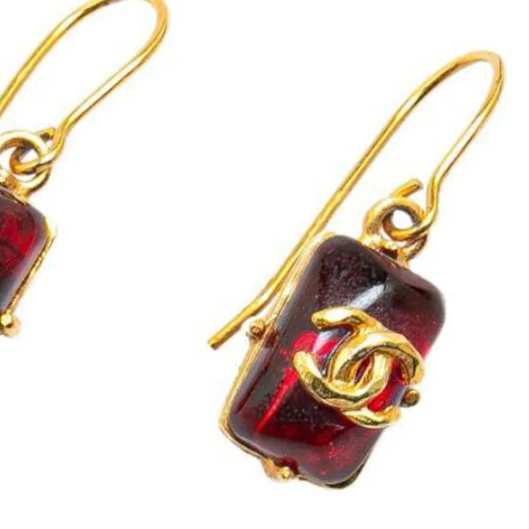 CHANEL 1999 Gold Plated Gripoix Cc Hook Costume Earrings-1