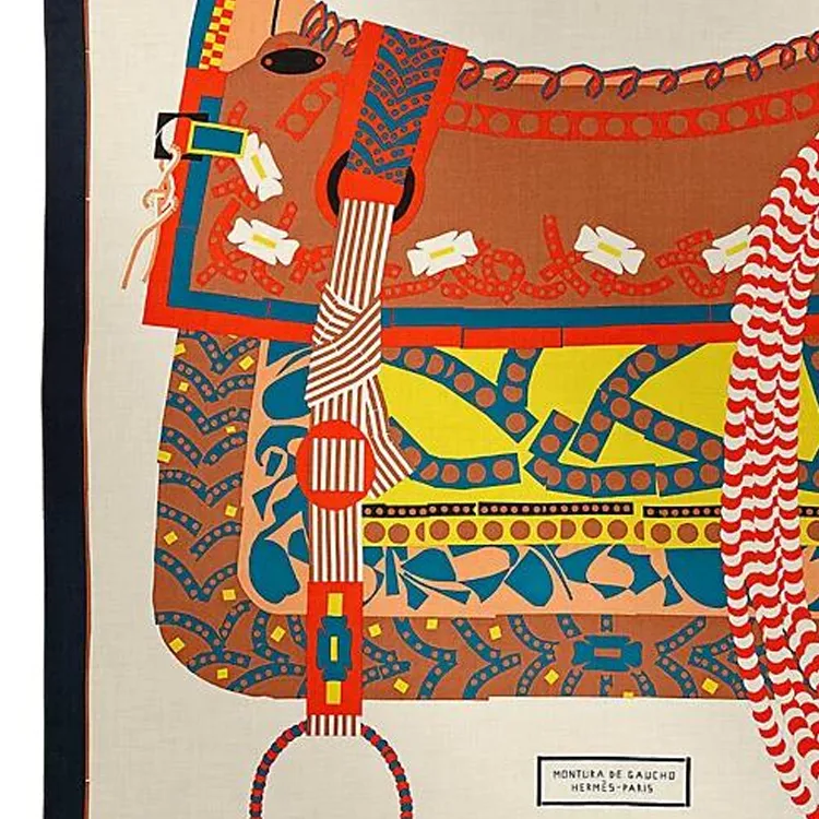HERMES Silk Shawls Women's Natural Color/Navy Blue/Bright Yellow-1