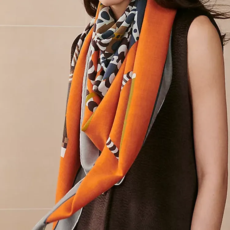 HERMES Cashmere Shawls Women's Orange-2