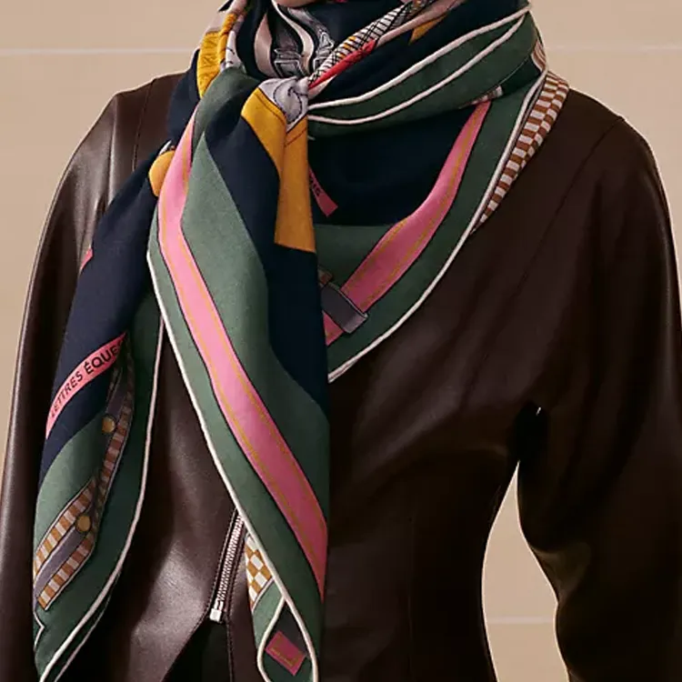 HERMES Cashmere Shawls Women's Navy Blue/Dark Olive Green-2