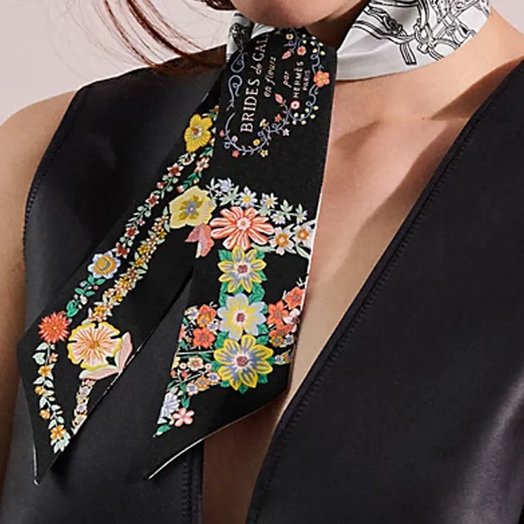HERMES Mulberry Silk Silk Scarves Women's Black/White-2