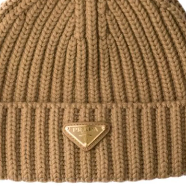 PRADA Triangle Logo Turn Up Brim Ribbed Beanie-1