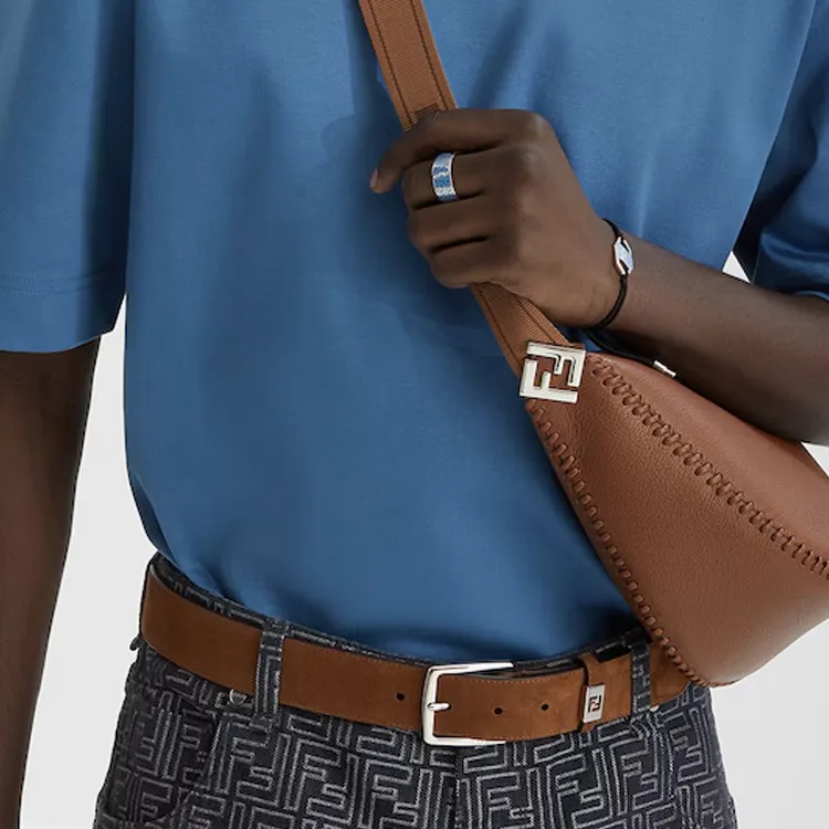 FENDI Calfskin Leather Belts Men's Brown Width 3.5CM-2