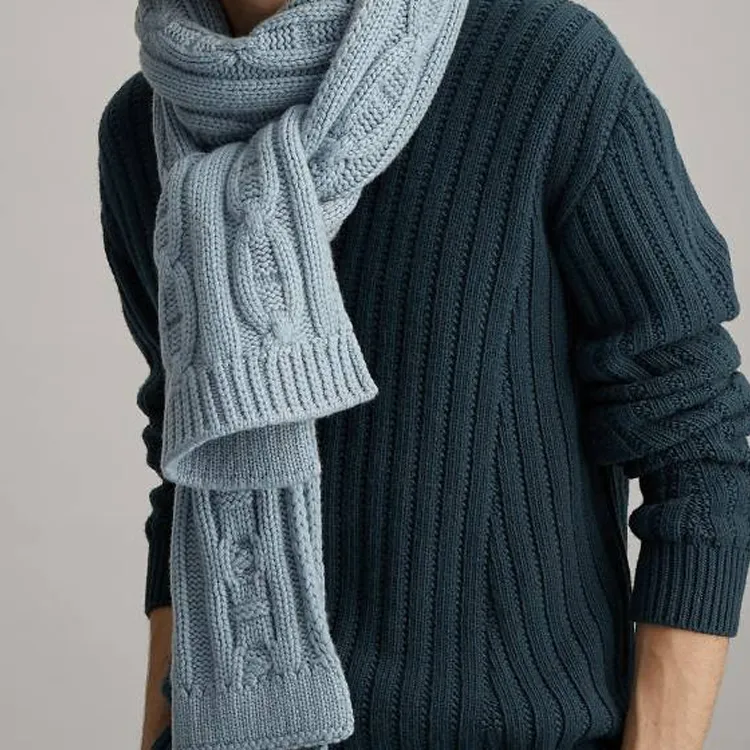 HERMES Cashmere Knit Scarves Unisex Light Blue-2