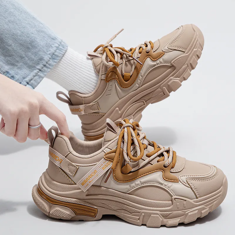 Warrior Anti Slip Wear Resistant Breathable Lightweight Low Top Chunky Sneakers Women's Khaki Brown Yellow-5
