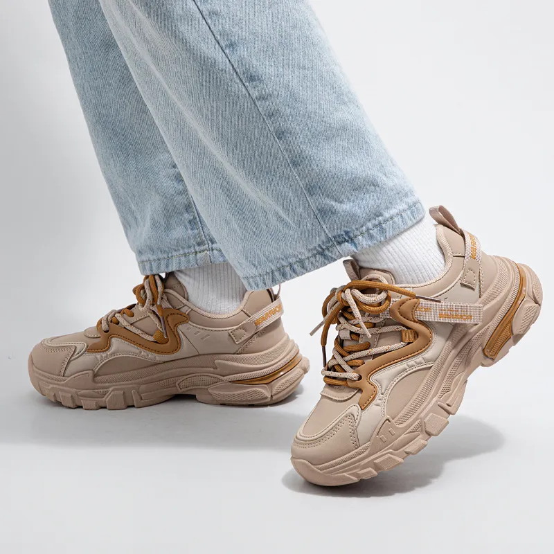 Warrior Anti Slip Wear Resistant Breathable Lightweight Low Top Chunky Sneakers Women's Khaki Brown Yellow-6