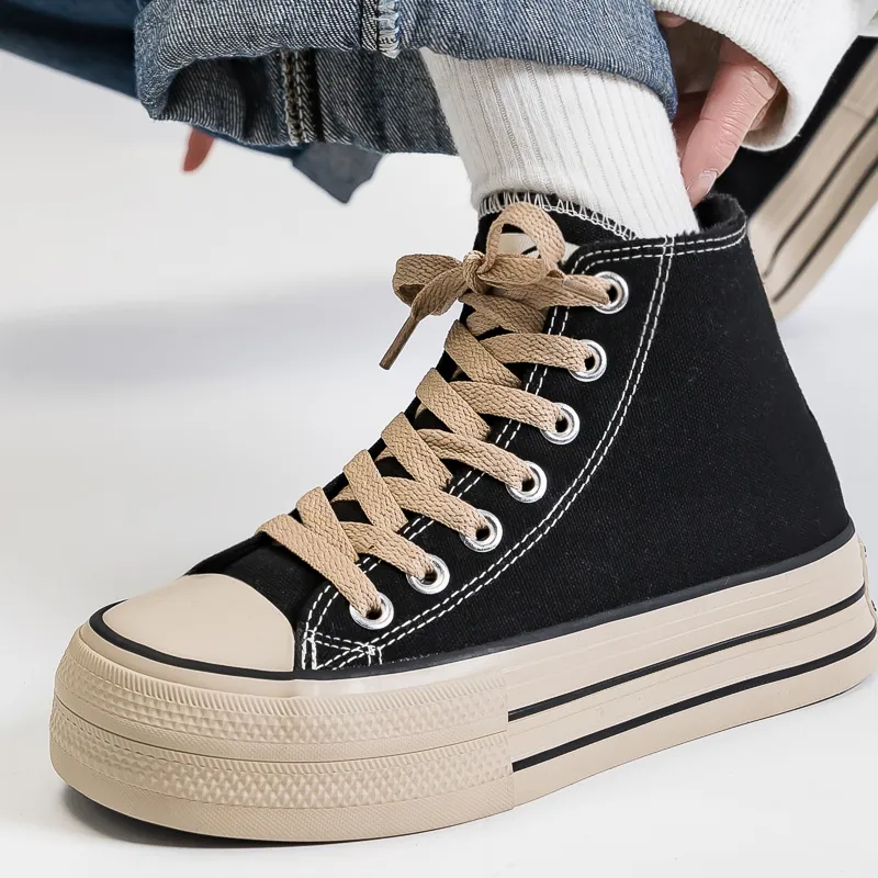 RENBEN Anti Slip And Wear Resistant Warm Height Increasing High Top Canvas Shoes Women's Black Brown-5