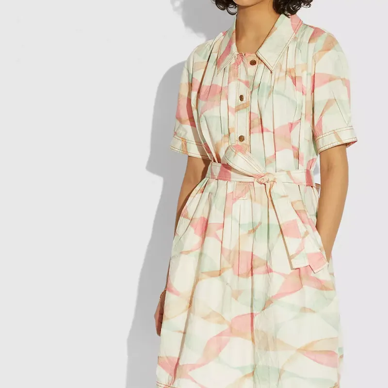 COACH SS21 Short Sleeved Dress Women's Peach Pink Green-7