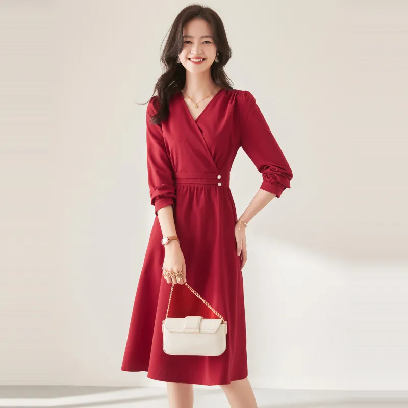 Still Quiet Long Sleeved Dress Women's Red-1