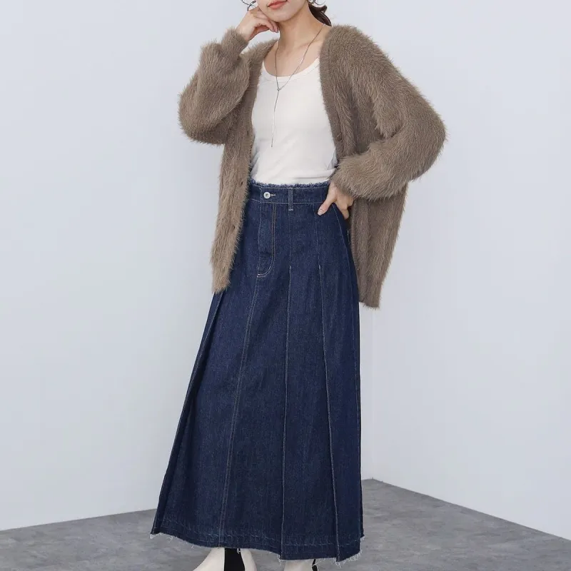 Beams HEART Denim Long Skirt Women's Marine Blue-2
