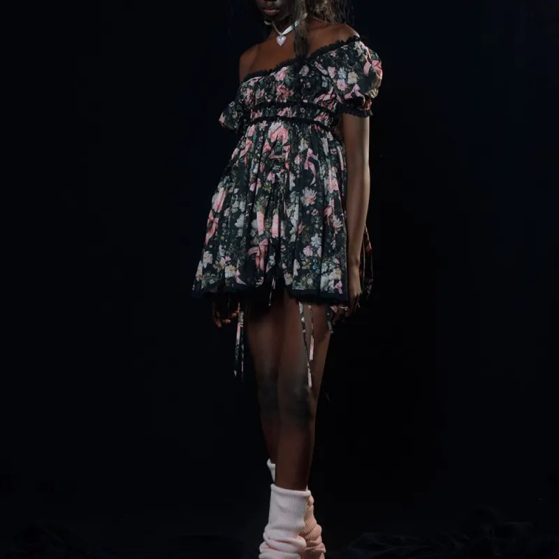 Selkie Collection Short Sleeved Dress Women's Black With Pink Velvet Ribbon Rose Print-1