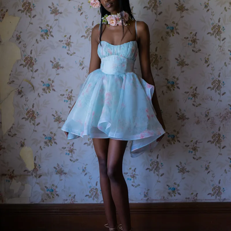 Selkie Collection SS24 Slip Dresses Women's Light Blue Base With Mint Herbal Print-1