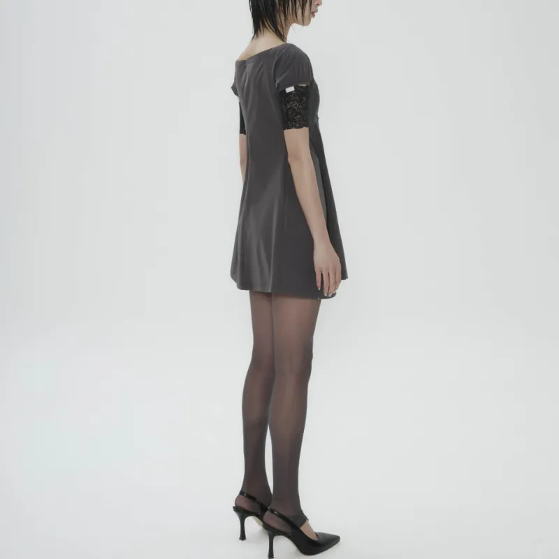 WORLDWIDEOJOS Capsleeve Slit Mini Dress Short-Sleeved Dresses Women's Charcoal/Charcoal Gray-4