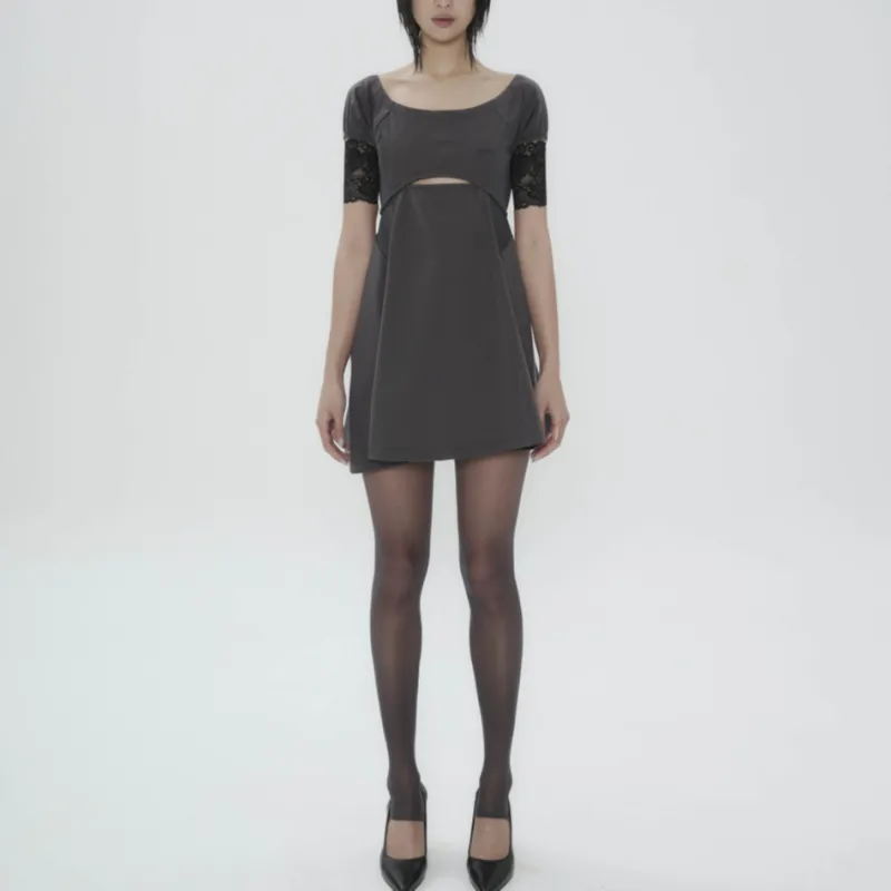 WORLDWIDEOJOS Capsleeve Slit Mini Dress Short-Sleeved Dresses Women's Charcoal/Charcoal Gray-3