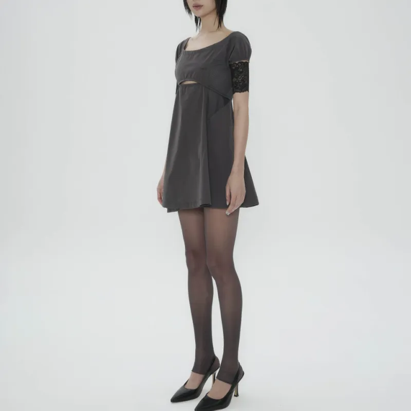 WORLDWIDEOJOS Capsleeve Slit Mini Dress Short-Sleeved Dresses Women's Charcoal/Charcoal Gray-5