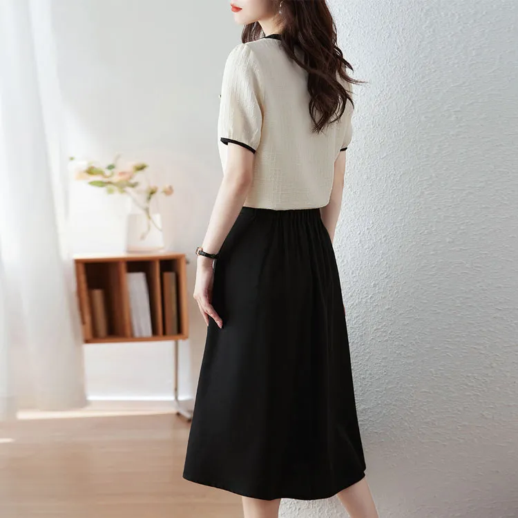 Still quiet Two Piece Skirt Sets Women's Beige+Black-3