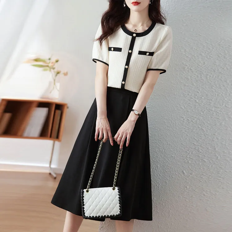 Still quiet Two Piece Skirt Sets Women's Beige+Black-2