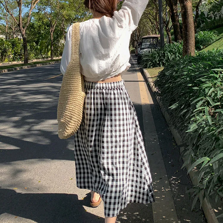 SISILYON STUDIO Casual Long Skirts Women's Black White Plaid-1