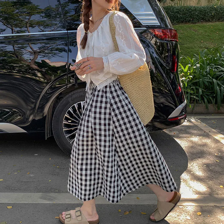 SISILYON STUDIO Casual Long Skirts Women's Black White Plaid-2