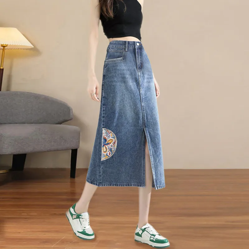 Weixi Denim Long Skirts Women's Blue-5