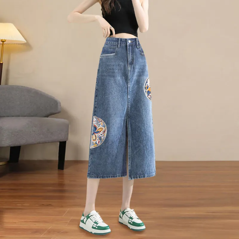 Weixi Denim Long Skirts Women's Blue-3