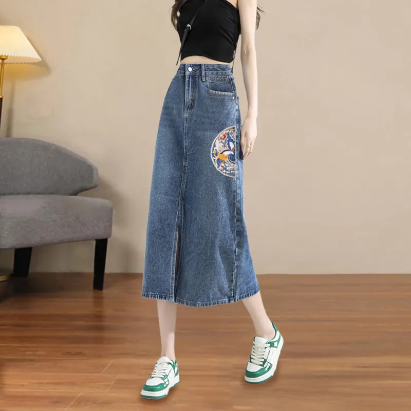 Weixi Denim Long Skirts Women's Blue-4