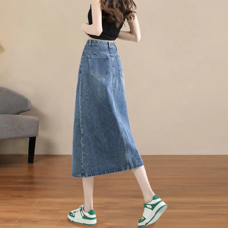Weixi Denim Long Skirts Women's Blue-6