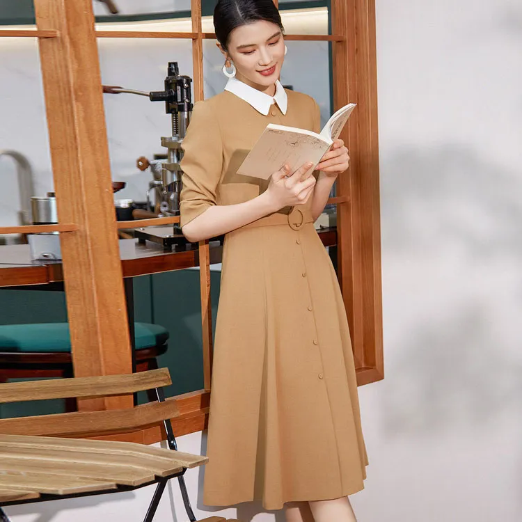 BBLLUUEE Short Sleeved Dress Women's Elegant Camel-4