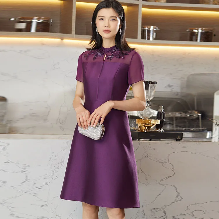 BBLLUUEE Short Sleeved Dress Women's Purple Bamboo-2