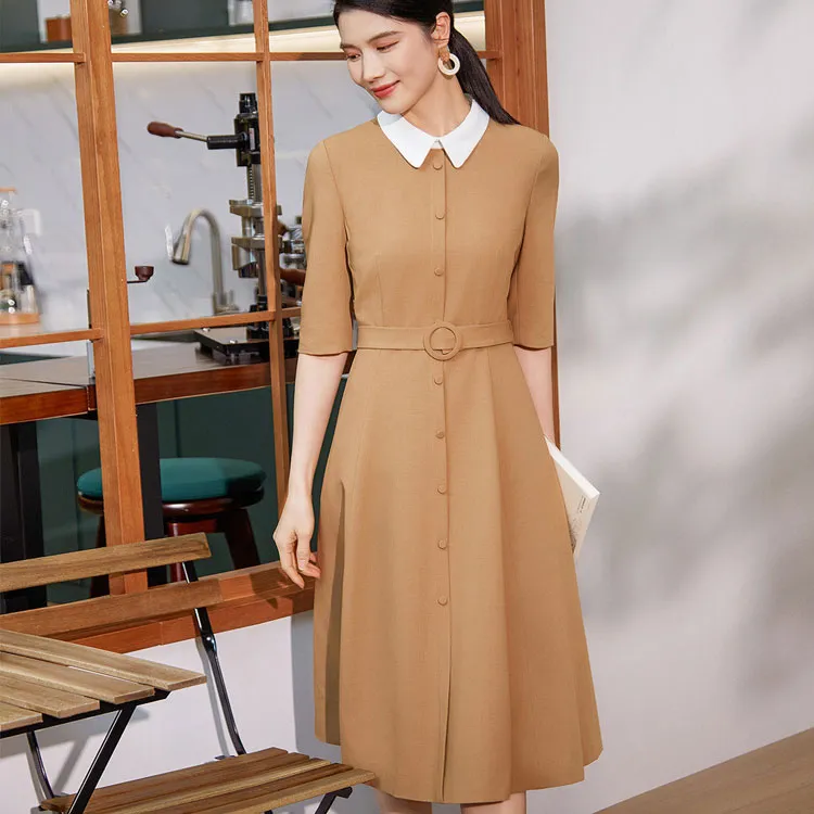 BBLLUUEE Short Sleeved Dress Women's Elegant Camel-2