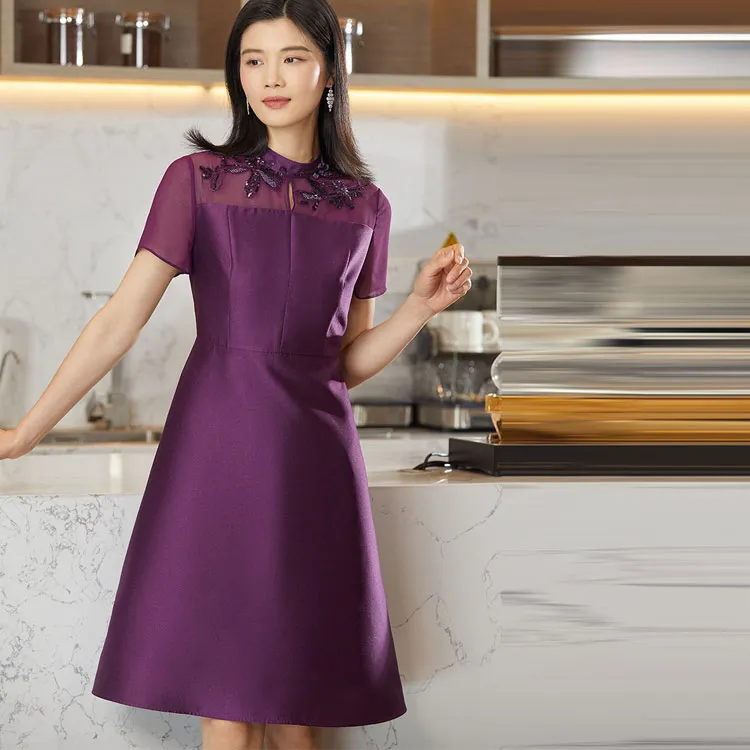 BBLLUUEE Short Sleeved Dress Women's Purple Bamboo-1