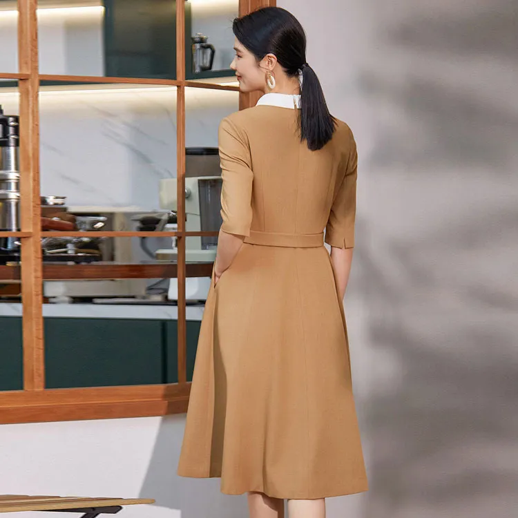 BBLLUUEE Short Sleeved Dress Women's Elegant Camel-3