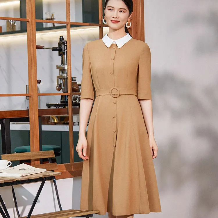 BBLLUUEE Short Sleeved Dress Women's Elegant Camel-1