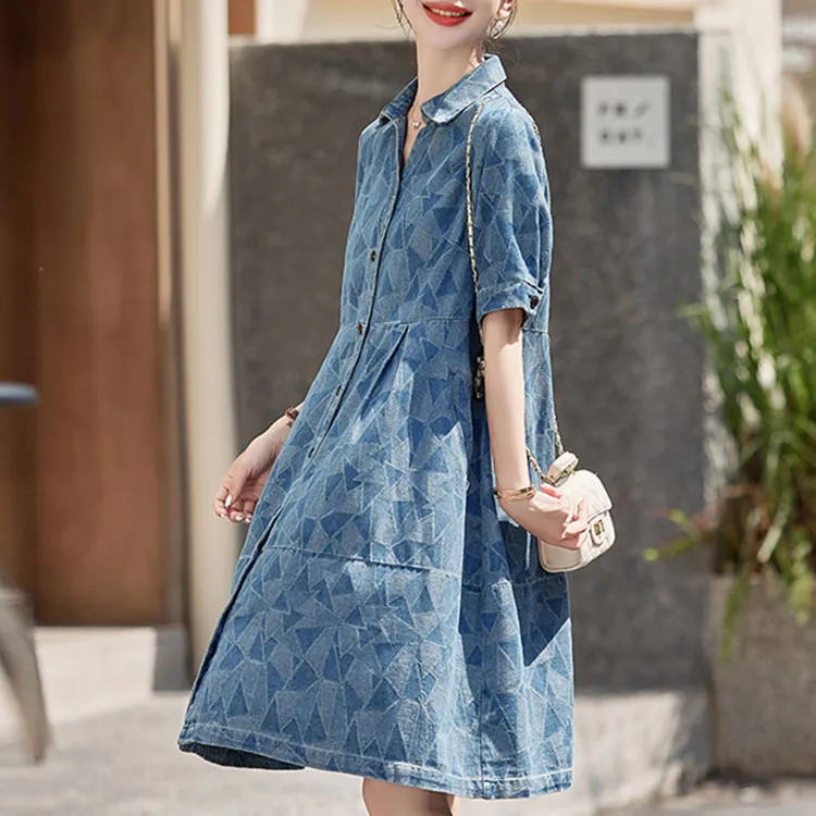 La Chapelle Short Sleeved Dress Women's Print Denim Blue-1