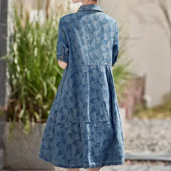 La Chapelle Short Sleeved Dress Women's Print Denim Blue