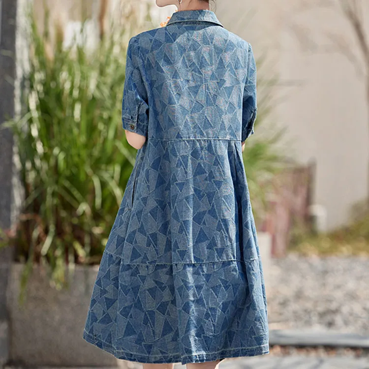 La Chapelle Short Sleeved Dress Women's Print Denim Blue-0