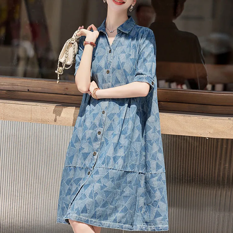 La Chapelle Short Sleeved Dress Women's Print Denim Blue-3