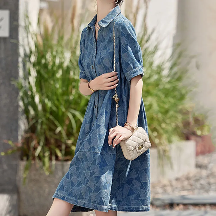 La Chapelle Short Sleeved Dress Women's Print Denim Blue-2