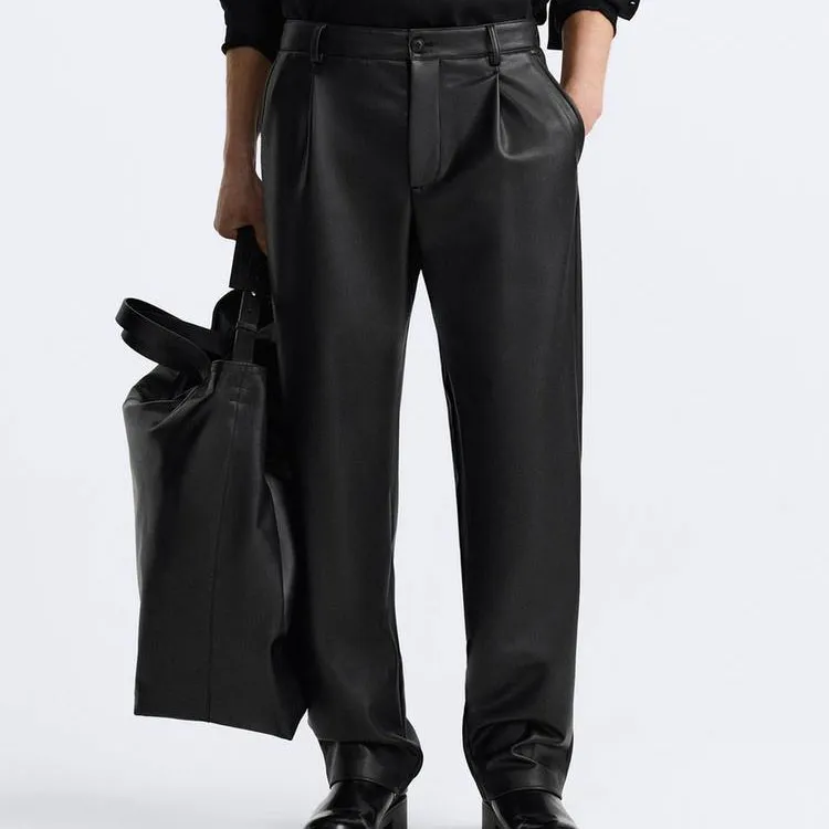 ZARA Leather Pants Men Black-4