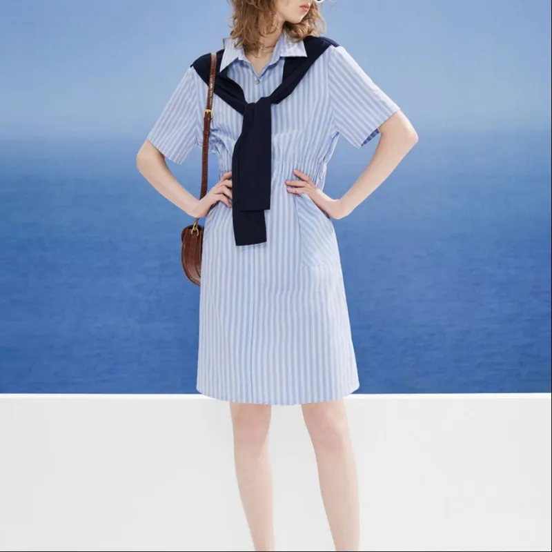DKNY SS24 Short Sleeved Dress Women's Blue Stripes Pattern-1