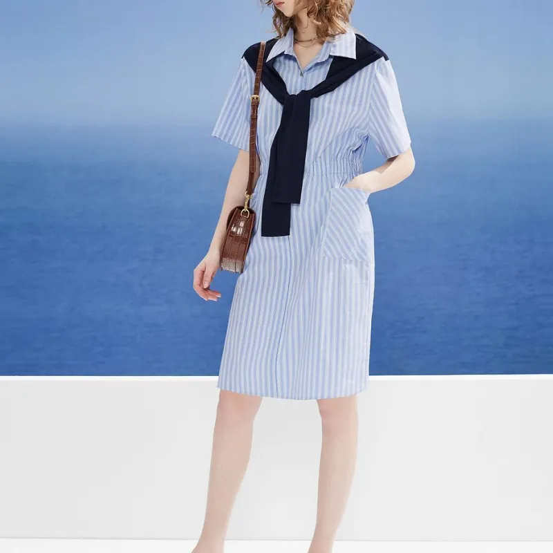 DKNY SS24 Short Sleeved Dress Women's Blue Stripes Pattern-3