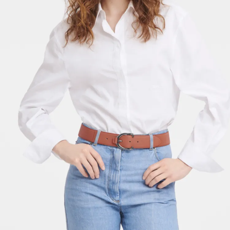 LONGCHAMP Logo Emblem Pin Buckle Leather Belts Women's Brown Red Width: 4CM-1
