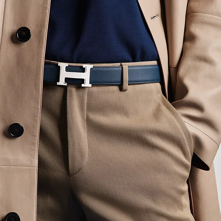 HERMES Brass Calfskin Leather Belts Men's Black/Blue Width  3.2CM-4