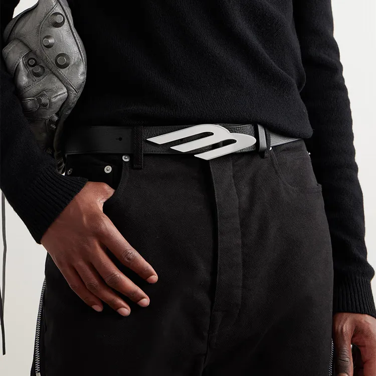 Balenciaga Silver Emblem Smooth Buckle Design Leather Belts Men's Black Width 3.5CM-1