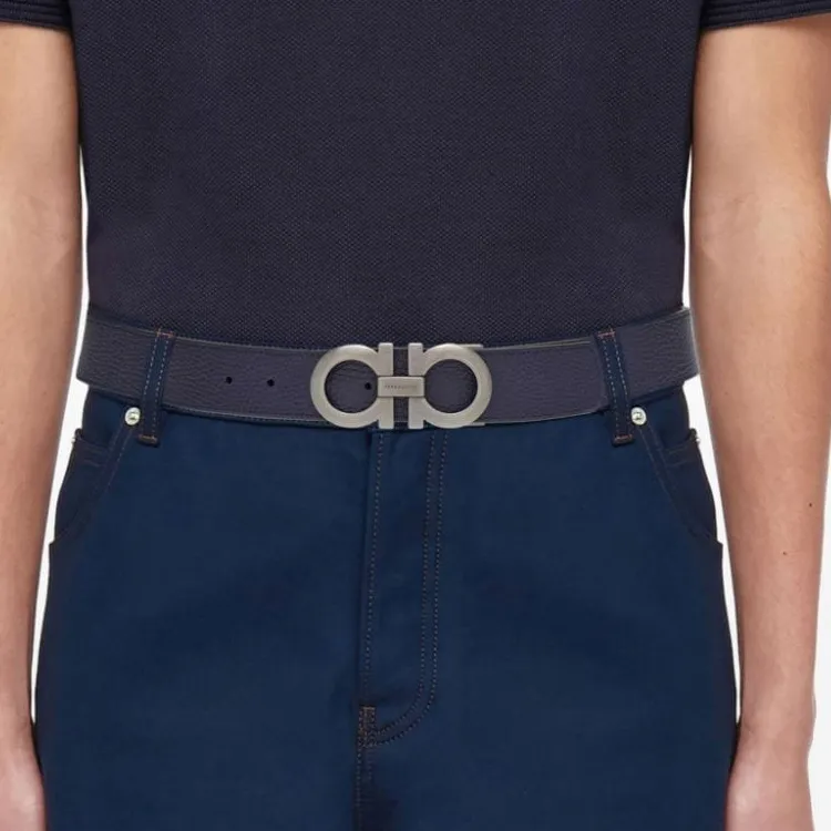 FERRAGAMO Emblem Smooth Buckle Design Calfskin Leather Belts Men's Blue Width 3.5CM-2